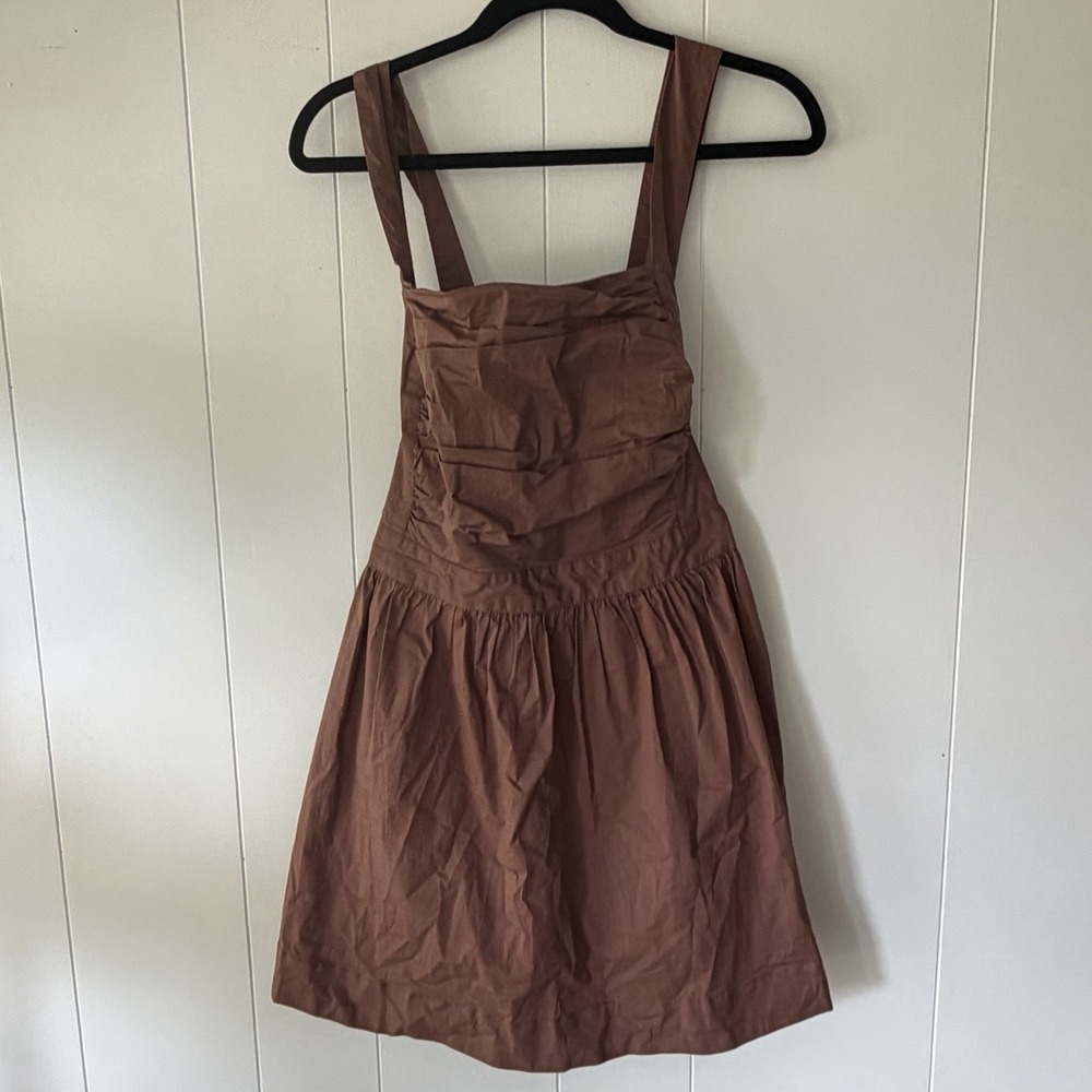 Free People Meet Me In Maui Mini Dress Brown Cotton Tie Back Pockets Size Med